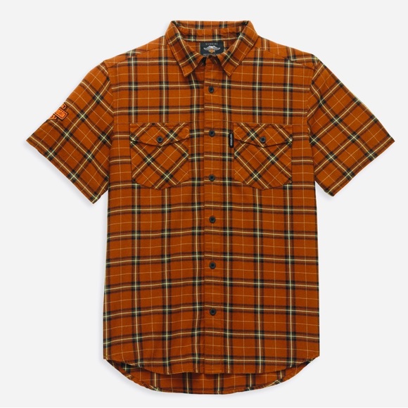 Harley-Davidson Other - Harley Davidson Orange Plaid Embroidered Graphic Logo Button Down Casual Shirt